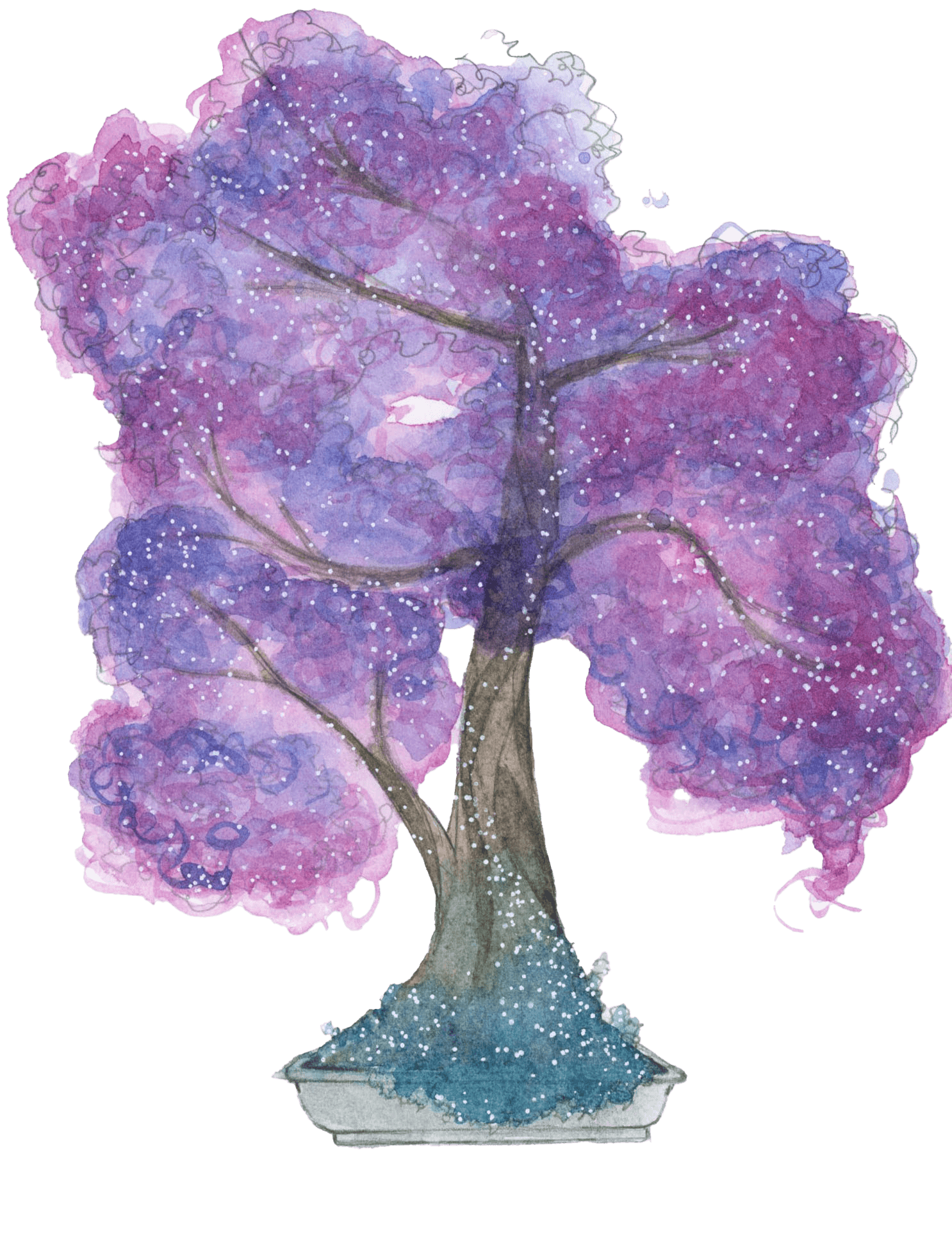 watercolor painting of a bonsai tree with purple blossoms