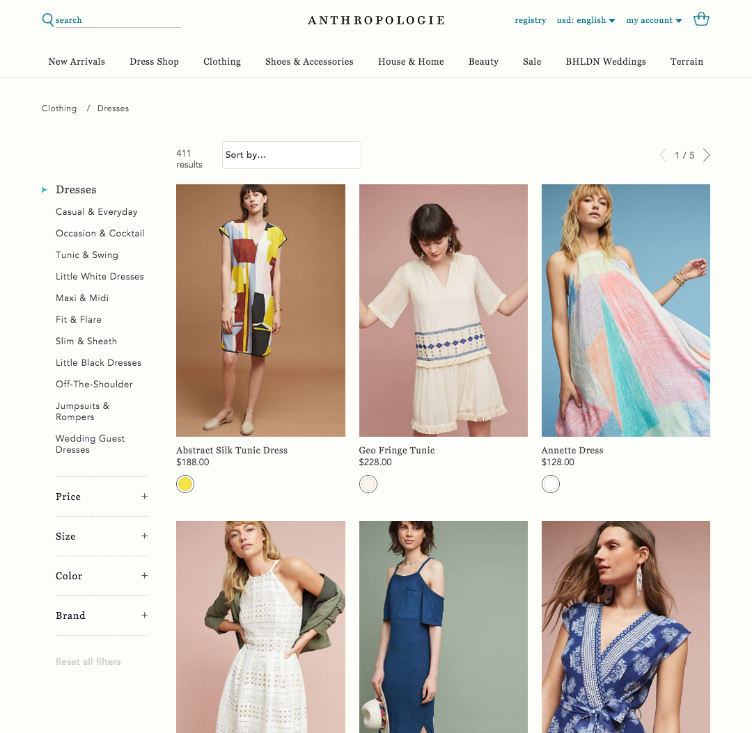 A screenshot of an Anthropologie category page.