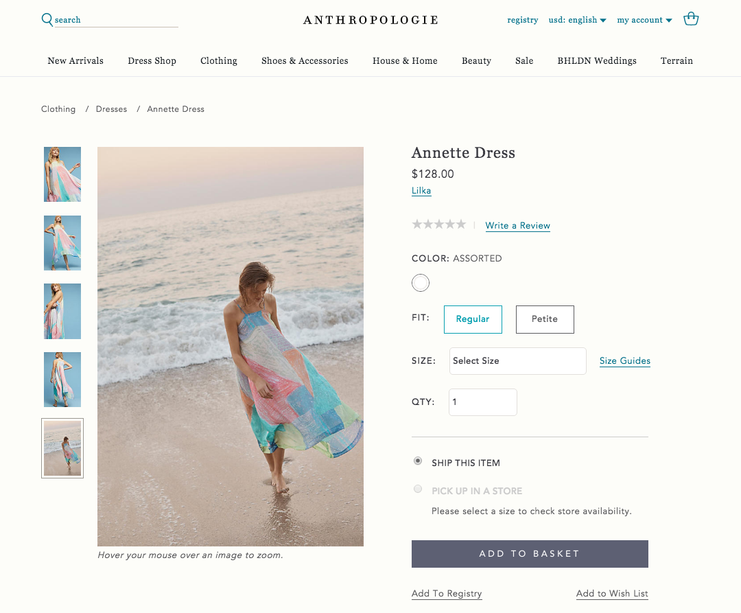 A screenshot of the Anthropologie product detail feature.