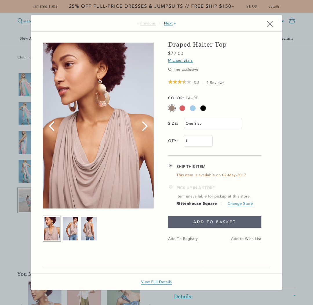 A screenshot of the Anthropologie quickshop feature, an at-a-glance view of the more product detail page.