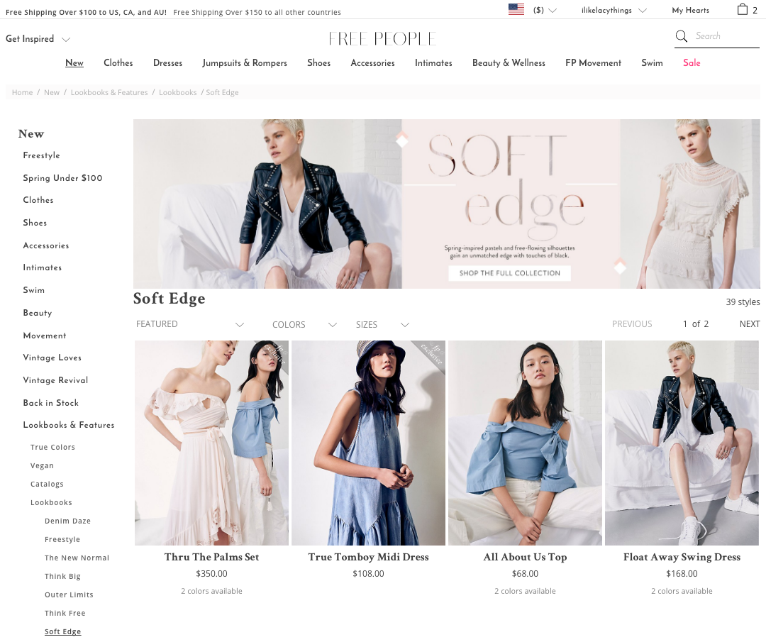 A screenshot of a Free People category page.