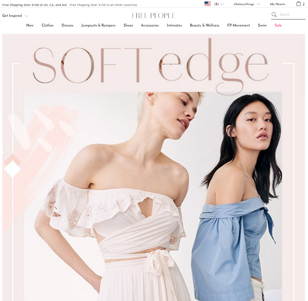 A screenshot of the Free People landing page.