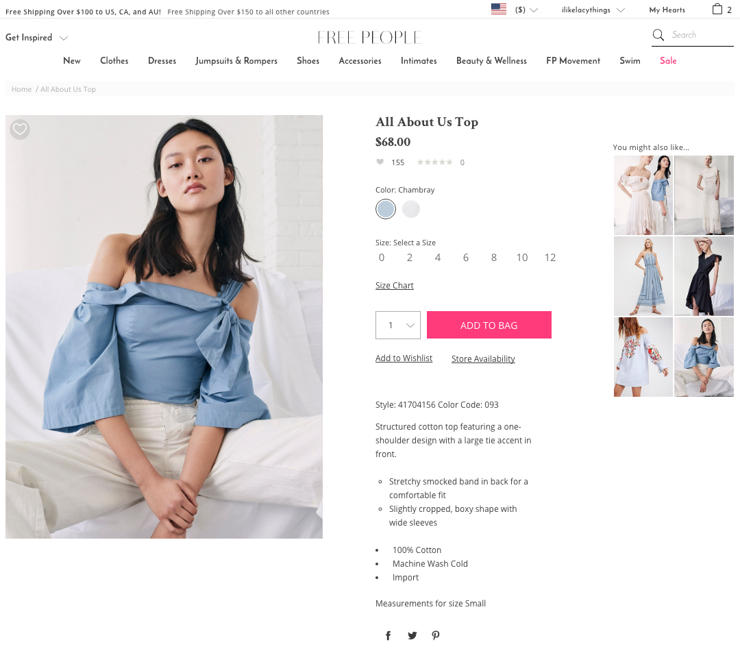 A screenshot of the Free People product detail feature.